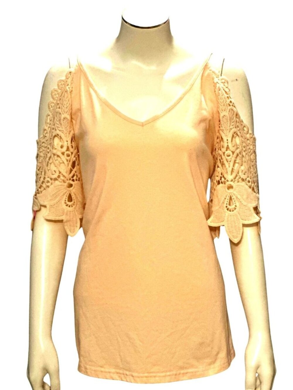 TFSDOD Beige Cold Shoulder Top Crochet Sleeve Relaxed Fit Boho Style